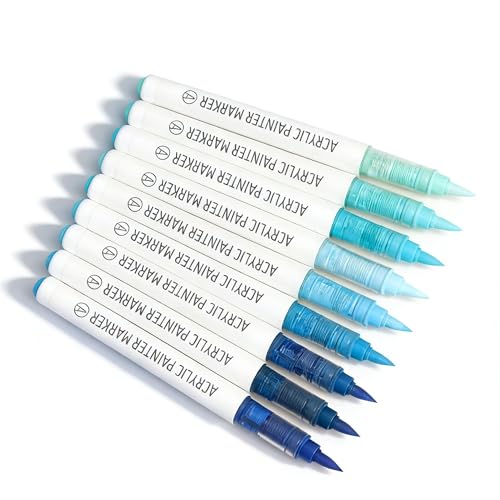 Blue Acrylic Paint Markers, 9 Colors Acrylic Paint Pens Water Based and Soft Brush Tip for Wood Glass Eggs Rock Painting Canvas Stone Fabric DIY Crafts Art Supplies (Blue) - color: Blue