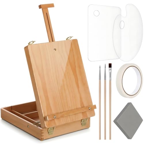 Maitys Tabletop Easel for Painting Set Portable Adjustable Wooden Sketchbox Tabletop Art Easel Stand Palette Brushes Tape Kneaded Eraser for Beginners Painting Sketching Travel