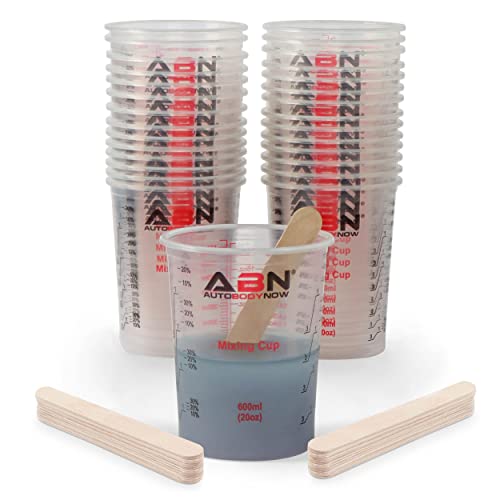 ABN Automotive Paint Mixing Cups - 50 Pack 20oz Plastic Measuring Mixing Cups for Epoxy Resin, Activators, and Thinners - Bonus Mixing Sticks