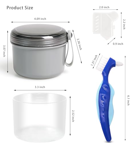 Denture Case with Denture Brush, No Leak Denture Bath Box, Denture Travel Case, Denture Cup with Basket for Soaking Dentures (grey) - color: grey