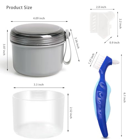 Denture Case with Denture Brush, No Leak Denture Bath Box, Denture Travel Case, Denture Cup with Basket for Soaking Dentures (grey) - color: grey