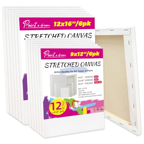 12Pack Stretched Canvas for Painting, 9x12 & 12x16 (6 Each), 5/8" Profile Thick Wood Frame,100% Cotton, Acid-Free, 12 oz Primed Canvas for Acrylic & Oil Paint, Ideal for Stress Relief & Home Décor - size: 6pcs-9x12", 6pcs-12x16"