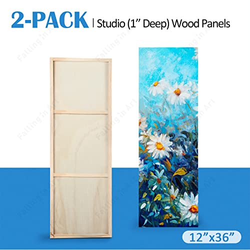 Falling in Art Unfinished Birch Wood Panels Kit for Painting, Wooden Canvas 2 Pack of 12x36’’ Studio 1’’ Deep, Cradle Boards for Pouring, Art, Crafts, Burning and More - size: 12'' x 36''