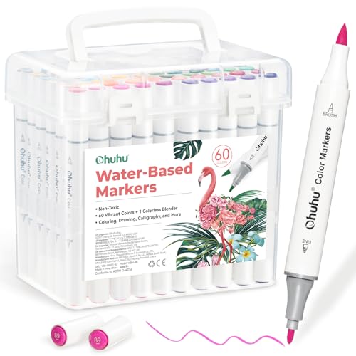 Ohuhu Markers for Adult Coloring Books No Bleeding 60 Colors Water-based Dual Tips Coloring Markers for Kids Adults Beginners Drawing Pens for Journaling Lettering (Brush & Fine) - style: Brush & Fine