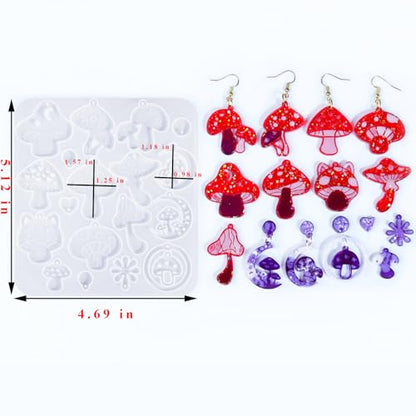 Rifanda Earring Resin Molds with Hole, 3 PCS Mushroom-Shaped Earrings Mold with 20 Pairs Earring Hooks & Studs, Silicone Jewelry Molds for Epoxy Resin for DIY Pendant Keychain Jewelry Making