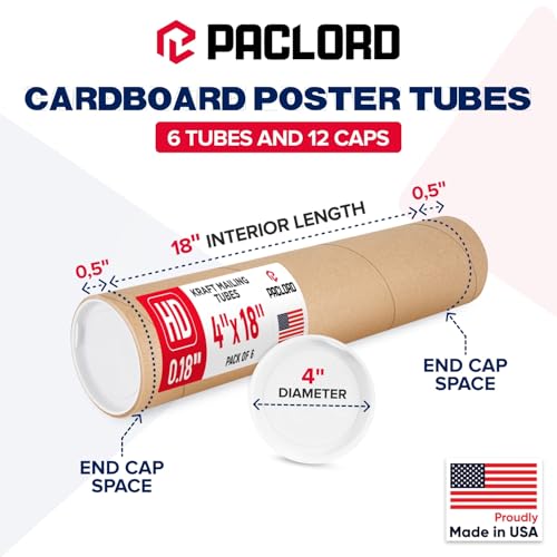 4" x 18" Heavy-Duty Reinforced Cardboard Mailing Tube, Pack of 6 Tubes with 12 Caps – Secure USPS Approved – Great for Shipping and Storing of Prints, Artwork, Posters or Documents - size: 4" x 18", style: 2X Heavy-Duty