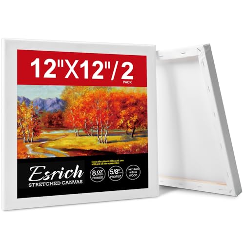ESRICH Stretched Canvas for Painting 12x12 Inch, 2 Pack Blank Canvas -5/8 in Profile Primed Cotton White Canvases for Painting for Oil & Acrylic Paint - size: 12x12