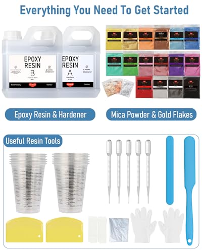 Smallbudi 80 Oz Epoxy Resin Kit with 16 Colors Mica Powder, Gold Foil, Cups & Stick, Crystal Clear Resin Beginner Supplies for Coating Casting Table, Molds, Jewelry Making, DIY Art Craft, 1:1 Ratio - size: 80 oz