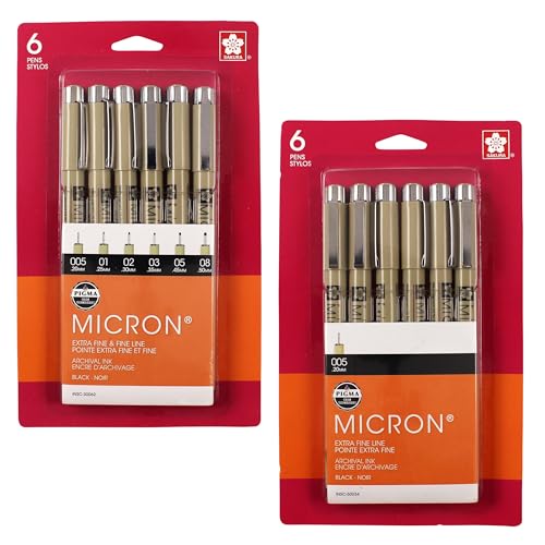 SAKURA Pigma Micron Fineliner Pens - Archival Black Ink Pens - Black Ink - 01 Point Size - 6 Pack & Pigma Micron Fineliner Pens - Archival Black Ink Pens - Black Ink - 005 Point Size - 6 Pack