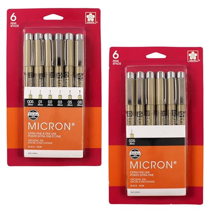 SAKURA Pigma Micron Fineliner Pens - Archival Black Ink Pens - Black Ink - 01 Point Size - 6 Pack & Pigma Micron Fineliner Pens - Archival Black Ink Pens - Black Ink - 005 Point Size - 6 Pack