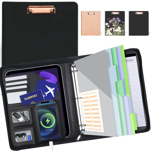 Clipboard with Storage for Men Women, Leather Padfolio Portfolio with Zipper, 1 Inch 3 Ring Binder 5 Dividers, Notepad for Letter Size, Elastic Closure and Pen Loop, Card Slot Black - color: Black