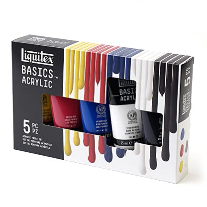 Liquitex 3699405 Basics Acrylic Paint Set - 5 x 75 ml Tubes, Lightfast Acrylic Paints, Medium Viscosity, Brilliant Colours, Ideal for Canvas, Acrylic Painting & Creative Projects