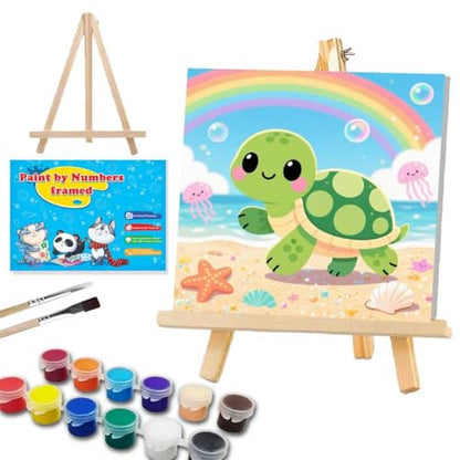 WEMEON Sea Turtles Paint by Numbers Kit for Kids with Frame and Easel, Easy Paint by Numbers Kits for Kids Ages 4-6, Small Painting by Number for Birthday Gift, Painting Party(10X10inch) - color: DMBK-0006-US(10X10inch)