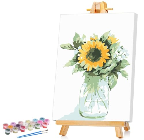 Ginkko Framed Paint by Numbers Kit for Adults Beginner & Kids Ages 8-12, Without Easel, Easy Acrylic on Canvas 8x12 inch with Paints and Brushes, Vase Sunflower for Home Wall Decor Gift - color: sunflower framed, size: 8x12 Inch