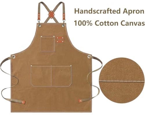 AFUN Aprons for Men Women with Large Pockets, 16-Ounce Cotton Canvas Cross Back Apron - color: Brown