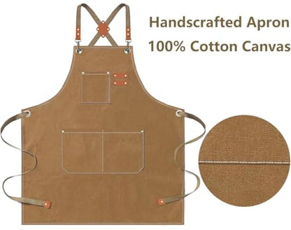 AFUN Aprons for Men Women with Large Pockets, 16-Ounce Cotton Canvas Cross Back Apron - color: Brown