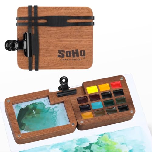 Soho Urban Artist Mini Wooden Travel Watercolor Set of 15 - Professional Watercolor Paint Set for Watercolorists & Plein Air Artists, Semi-Moist Pans, Pocket-Sized Magnetic Wood Case with Mixing Area - color: Multi
