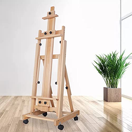 Wooden Artist Easel Stand,Movable Large Heavy Duty H-Frame Studio Easel with Universal Wheels,56”-91”Adjustable Height Painting Easel Rack for Homes Drawing Rooms Art Studios