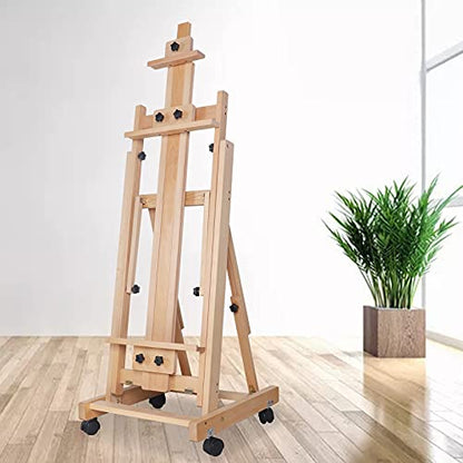 Wooden Artist Easel Stand,Movable Large Heavy Duty H-Frame Studio Easel with Universal Wheels,56”-91”Adjustable Height Painting Easel Rack for Homes Drawing Rooms Art Studios