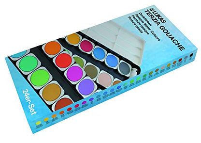 Lukas Opaque Artist Watercolor Studio Paint Set - Professional, Includes a Travel Friendly Outdoor Painting Case and Color Mixing Palette - 24 Brilliant Colors in Round Pans