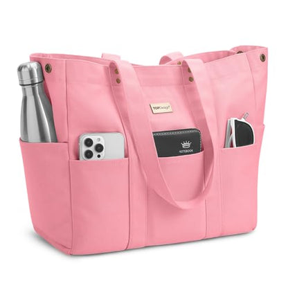 TOPDesign Large Canvas Tote Bag for Women, Shoulder Bag with Laptop Sleeve & Pockets, Everything Tote for Travel, Work (Pink) - color: Pink