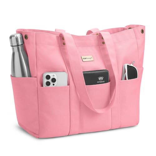TOPDesign Large Canvas Tote Bag for Women, Shoulder Bag with Laptop Sleeve & Pockets, Everything Tote for Travel, Work (Pink) - color: Pink