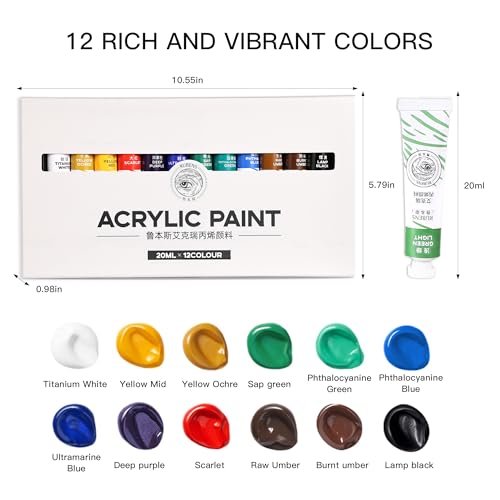 rubens Acrylic Paint Set - 12 Colors (20ml/0.68oz Tubes) Professional Grade Acrylics, High Pigment & Heavy Body for Canvas, Wood, Rock & Crafts, Art Supplies for Adults，Artists,Adults Beginner