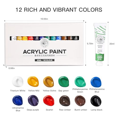 rubens Acrylic Paint Set - 12 Colors (20ml/0.68oz Tubes) Professional Grade Acrylics, High Pigment & Heavy Body for Canvas, Wood, Rock & Crafts, Art Supplies for Adults，Artists,Adults Beginner