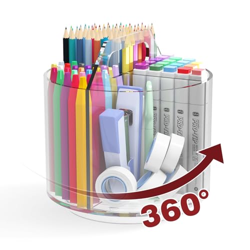 Absonic Pencil Holder for Kids, 360 Rotating Pen Holder for Desk Organizer and Storage, 4 Compartments Art Supply Marker Organizer, Acrylic Kids Desk Organizer for School Lazy Susan Organizer - color: Clear - Medium - Single - With Handle