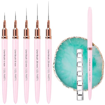 GELPARTY 7Pcs Light Pink Nail Art Brush Set - Professional Ultra-Fine Liner & Detail Brushes for Gel Polish & Acrylic Nails - Includes Turquoise Agate Palette & Holder - Manicure Tool Kit - color: Light Pink