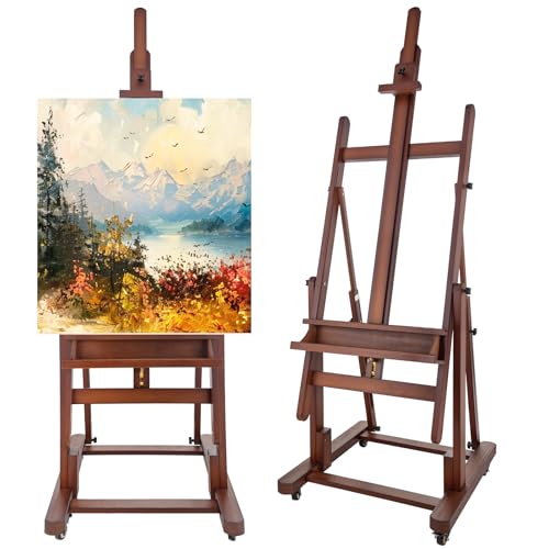 Falling in Art Extra Large H-Frame Studio Easel, Solid Beechwood Artist Easel with Storage Tray, Adjustable Canvas Holder Stand with Rolling Wheels for Painting Adult (Walnut) - style: Studio Easel Walnut