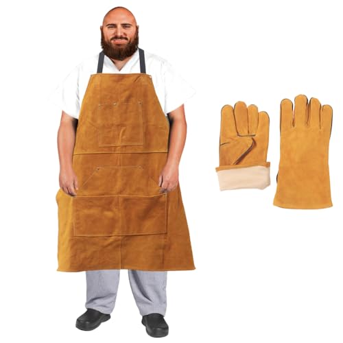 Urby Big and Tall Plus Size Work Apron: Flame Resistant Leather Welding Apron, Wood and Workshop Canvas. Butcher Rubber. - style: Plus Size: Leather + Gloves