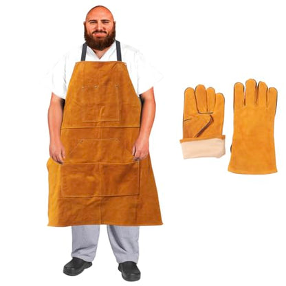 Urby Big and Tall Plus Size Work Apron: Flame Resistant Leather Welding Apron, Wood and Workshop Canvas. Butcher Rubber. - style: Plus Size: Leather + Gloves