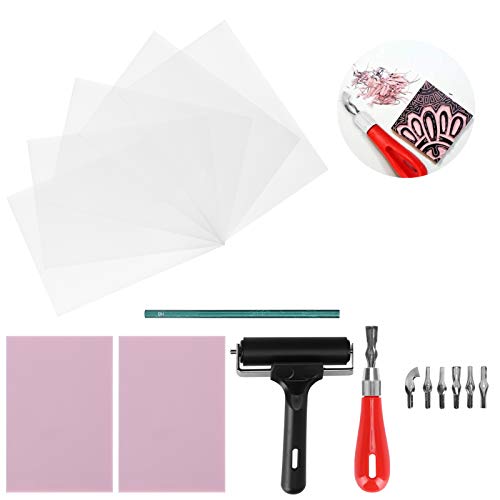Rubber Carving Kit Stamp Block Making Set, Wireless Printmaking Art Craft Tools with 6 Cutter Blades, Engraving Kit for DIY Rubber Stamps and Soft Media