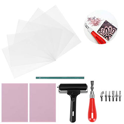 Rubber Carving Kit Stamp Block Making Set, Wireless Printmaking Art Craft Tools with 6 Cutter Blades, Engraving Kit for DIY Rubber Stamps and Soft Media
