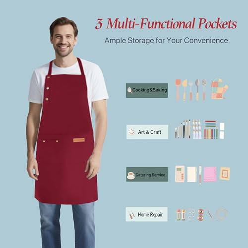 Kitchen Cooking Apron for Women Men Water-Resistant Artist Barista Baking Craft Catering Work Bib with Large Pockets - color: Red