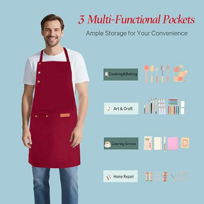 Kitchen Cooking Apron for Women Men Water-Resistant Artist Barista Baking Craft Catering Work Bib with Large Pockets - color: Red