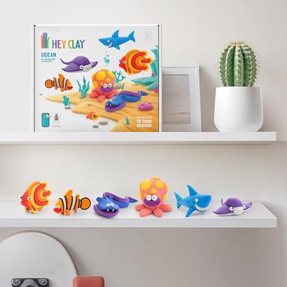 Hey Clay 15 Cans Set - Colourful Modelling Kids Air-Dry Clay 15 Cans with Sculpting Tools and Fun Interactive Instructions for Children Age 3+ (Ocean) - style: Ocean