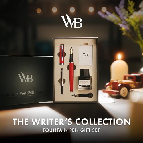 Wordsworth & Black Fountain Pen Set,18K Gilded Medium and Extra Fine Nib,25ML Black Ink Bottle,6 Ink Cartridges,Refill Converter, Gift Box, Smooth Writing Pens [Red Chrome],Gift Set for Men and Women - color: Red Chrome