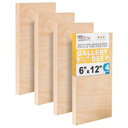 U.S. Art Supply 6" x 12" Unfinished Cradled Wood Panels for Painting, Gallery 1-1/2" Deep (4 Pack) - Artist Depth Wooden Wall Canvases - Mixed-Media Craft, Acrylic, Oil, Encaustic, Paint Pouring - size: 6" x 12"