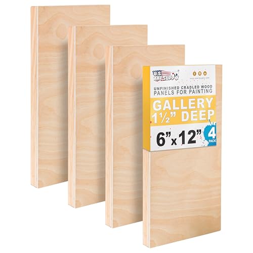 U.S. Art Supply 6" x 12" Unfinished Cradled Wood Panels for Painting, Gallery 1-1/2" Deep (4 Pack) - Artist Depth Wooden Wall Canvases - Mixed-Media Craft, Acrylic, Oil, Encaustic, Paint Pouring - size: 6" x 12"