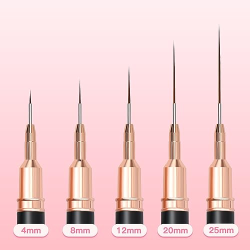 Komall Metallic Nail Art Brushes, 5Pcs Liner Brush Set, UV Gel Polish Painting Art Design Pen for Long Lines, Thin Details, Fine Drawing Sizes 4/8/12/20/25mm(Black) - color: Black