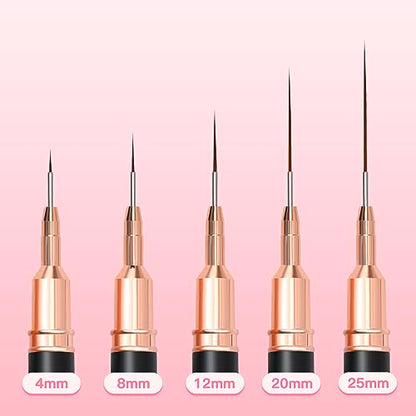 Komall Metallic Nail Art Brushes, 5Pcs Liner Brush Set, UV Gel Polish Painting Art Design Pen for Long Lines, Thin Details, Fine Drawing Sizes 4/8/12/20/25mm(Black) - color: Black