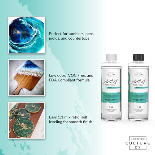 Counter Culture DIY Clear Artist Resin, 8 oz Kit, Art Epoxy Supplies for Metallic Stains Acrylic 100% Solids Easy Coat No VOCs Scratch UV Heat Resistant 500 Degrees… - size: 8oz Kit