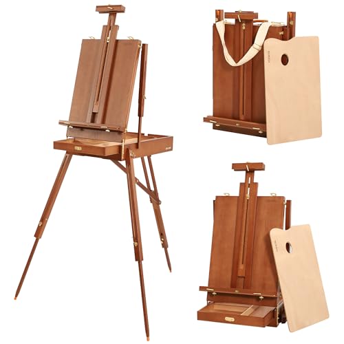 VISWIN French Easel for Painting with Palette, Shoulder Strap & Storage, Adjustable Beech Wood Travel Art Easel Stand, Portable Sketchebox Plein-Air Easel for Adults, Artists, Table Top & Floor Use - color: Walnut