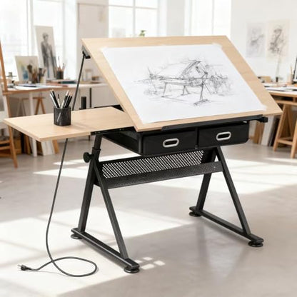 ZENY Adjustable Drafting Table with Stool, Tilting Drawing Desk Artist Table with Storage Drawers, Art Craft Workstation for Home Office Reading, Writing, Crafting (Brown-with Outlet) - color: Brown-with Outlet