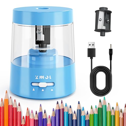 ZMOL Colored Pencil Electric Sharpener, Auto Stop, Plug-in Small Electric Sharpener Battery Powered for 6-8mm No. 2 Pencils Blue - color: Blue