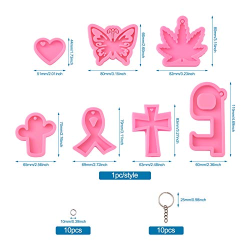 Craftdady 7pcs Key Chain Pendant Silicone Molds Maple Leaf Butterfly Ribbon Heart Cross Cactus Resin Casting Molds with Key Rings Jump Rings for Keychain Jewelry Craft Making - color: Pink