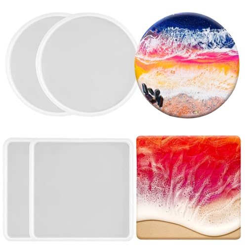 4 PCS Thickened Resin Coaster Molds - Round Square Silicone Coaster Molds for Epoxy Resin Tray Coasters Mold DIY Coasters,Gifts,Bowl mats, Candle Holders, Home Decoration - color: Square+Round Coaster Tray
