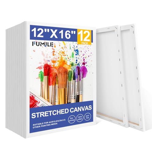 FUMILE 12x16 Canvas for Painting Stretched, 12 Pack Canvases for Painting-5/8 in Profile Primed White Blank Painting Canvas Value Pack for Oil & Acrylic Paint - size: 12x16IN